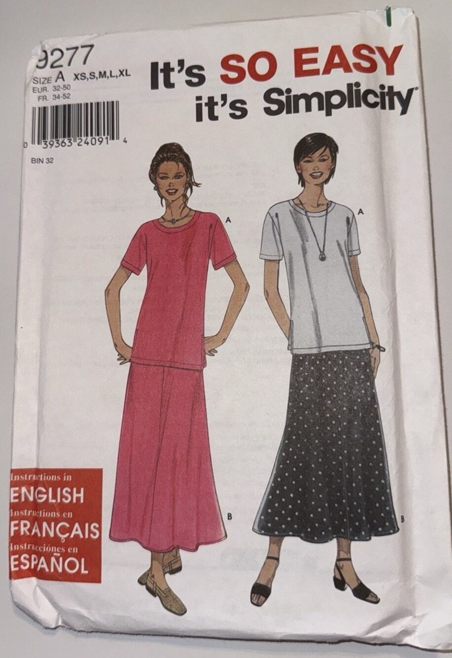 Simplicity 9277 Sewing Pattern Misses Top & Skirt XS-XL Uncut Easy